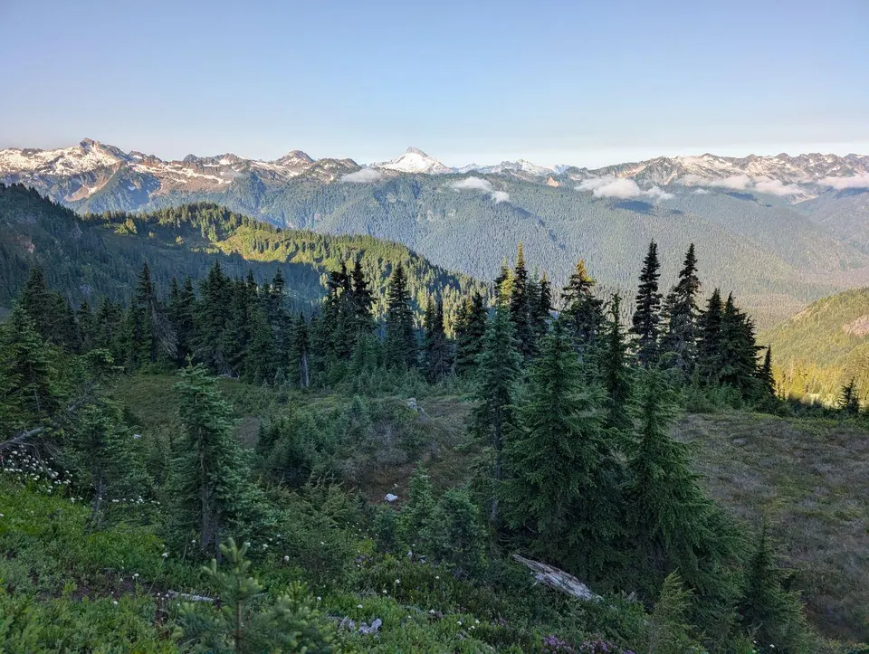 Chaîne de montagnes éclairée par le soleil au-delà d'une forêt