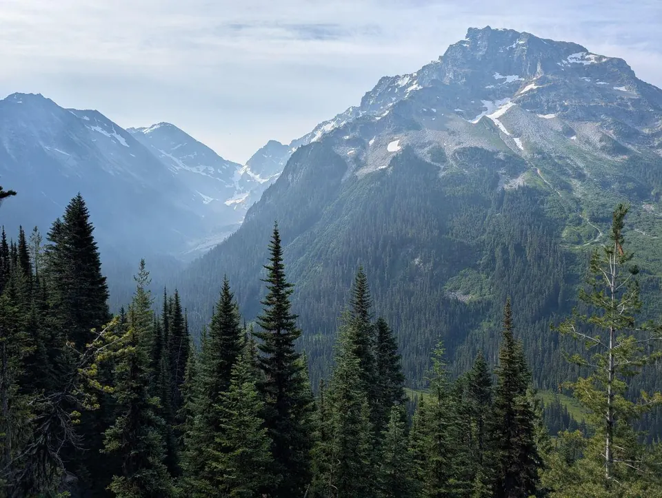 Sommet rocheux dominant une vallée encaissée couverte de conifères