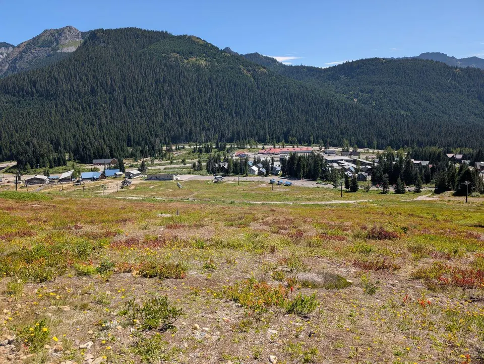 Petit complexe de bâtiments au pied d'une montagne boisée