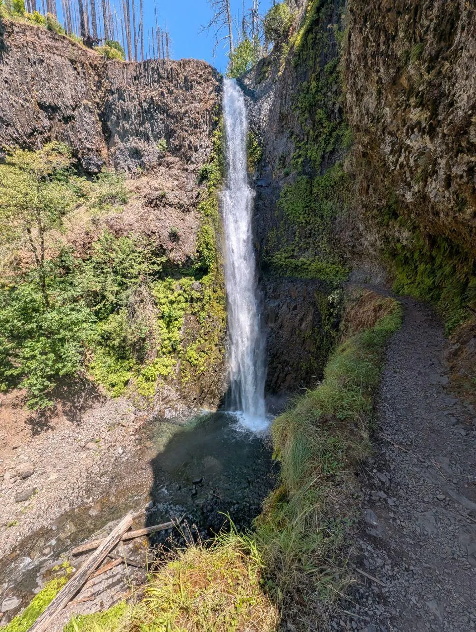 Haute cascade tombant dans un bassin rocheux