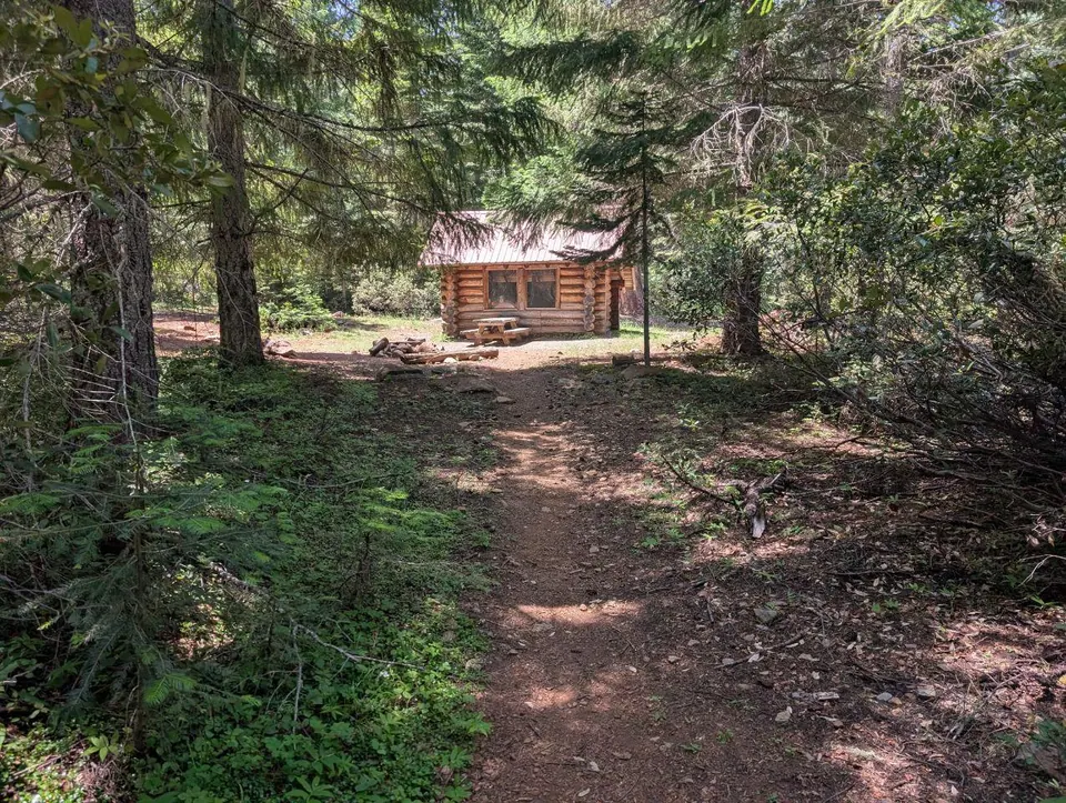 Petite cabane en rondins au bout d'un sentier forestier