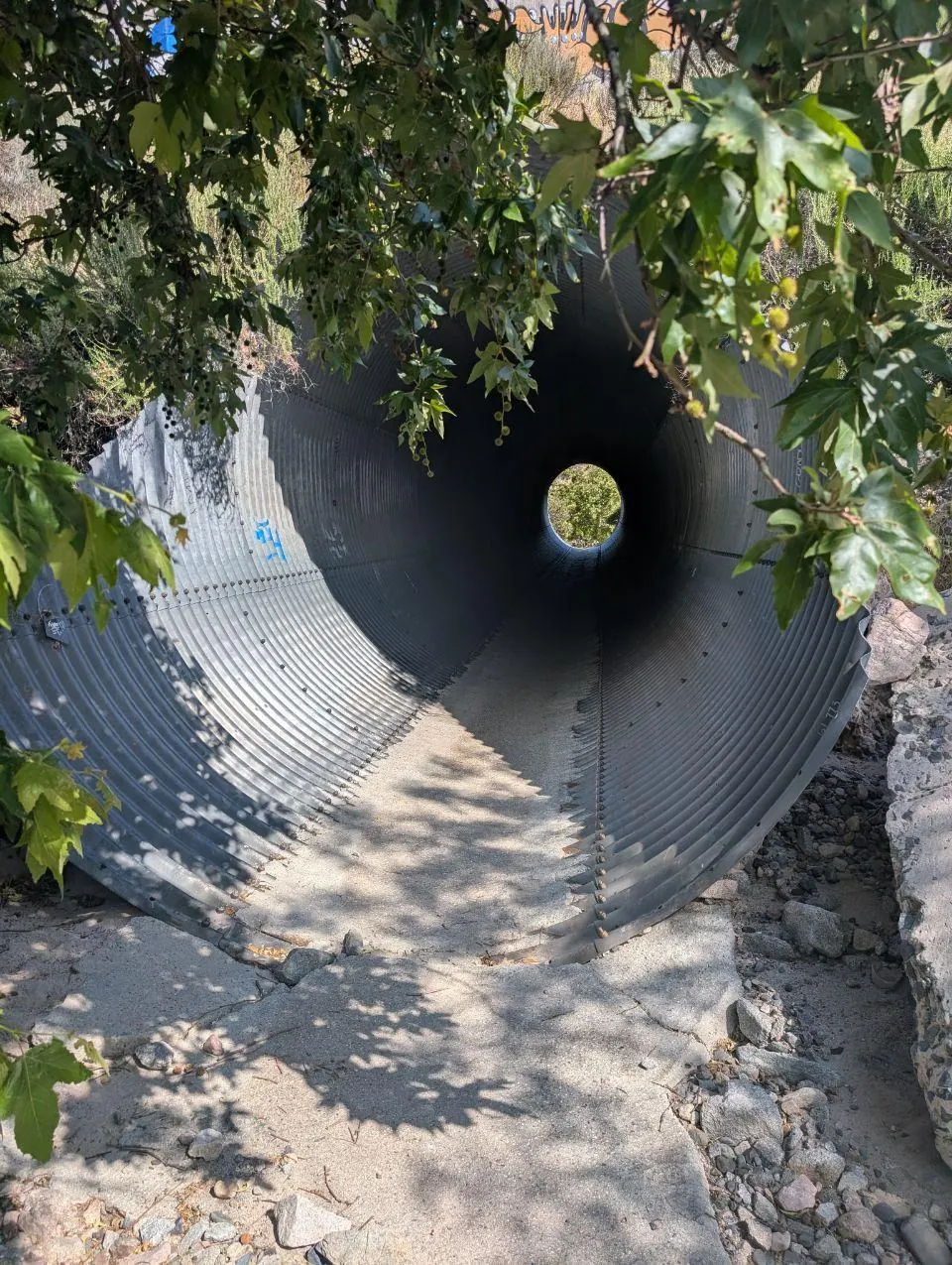 Passage circulaire en tôle ondulée sous la végétation