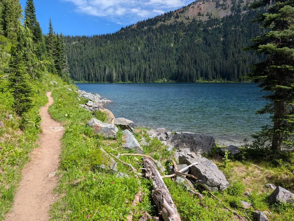 Sentier longeant la rive boisée d'un lac de montagne