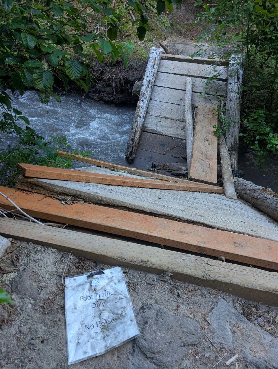 Passage improvisé en planches au-dessus d'un ruisseau