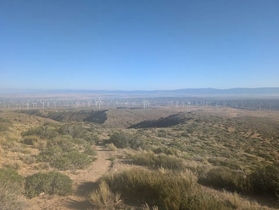 Parc d'éoliennes dans une vaste plaine désertique